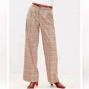 LOFT Peyton Trouser Plaid Womens High-Waist Wide Leg Pants Size 10 Pink & Tan